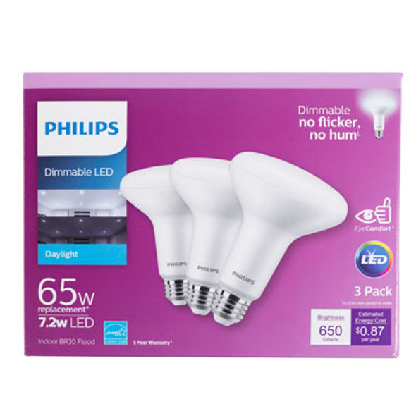 LIGHT BULBS 3PK BR30 LED 7.2=65W PHILIPS FLOOD MED BASE DAYLIGHT LIGHT BULBS 3PK BR30 LED 7.2=65W PHILIPS FLOOD MED BASE DAYLIGHT