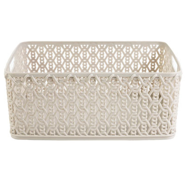 STORAGE TOTE 14X11.5X5.5 ALMOND BLUFF RESIN FORM LINK STITCH 6707-7970-AB STORAGE TOTE 14X11.5X5.5 ALMOND BLUFF RESIN FORM LINK STITCH 6707-7970-AB