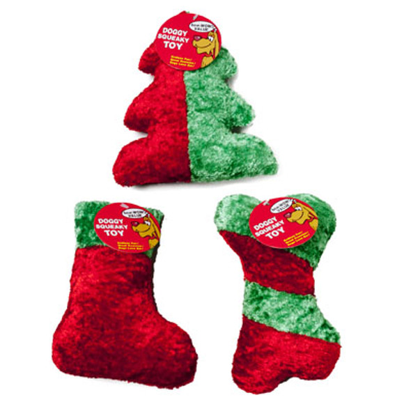 DOG TOY CHRISTMAS CHENILLE WITH SQUEAKER 3 SHAPES RED/GREEN IN PDQ -HANG TAG
