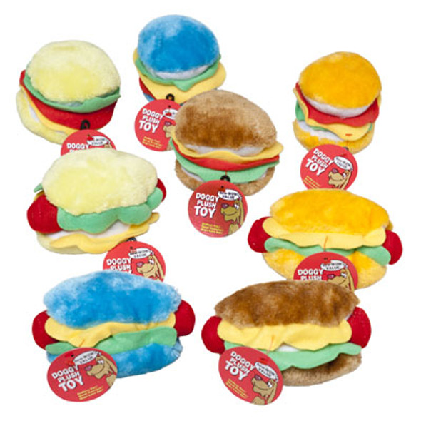 DOG TOY PLUSH WITH SQUEAKER HOT DOG & HAMBURGER IN PDQ HANG TAG