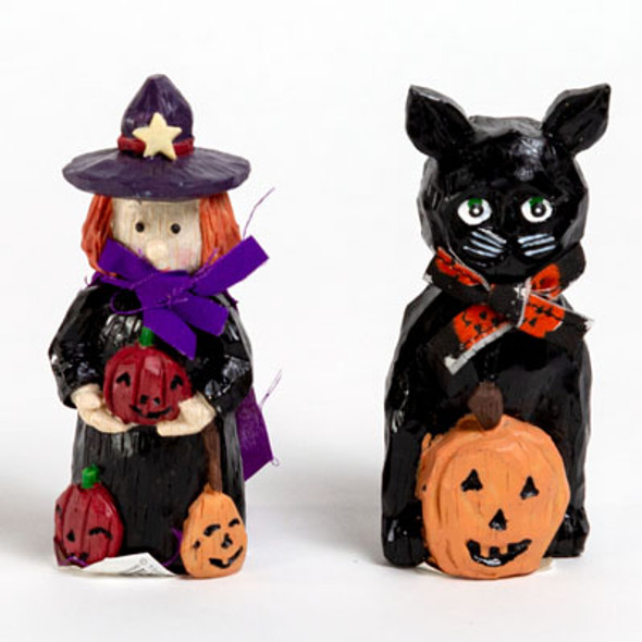 FIGURINE WITCH/CAT WOODCUT-LOOK POLYRESIN