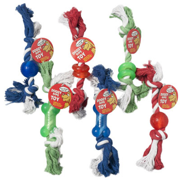 DOG TOY DOUBLE KNOTTED ROPE/RUBBER CHEWS 3 STYLES 3 COLORSIN PDQ #14071