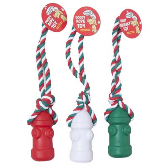 DOG TOY CHRISTMAS VINYL FIRE HYDRANT/ROPE 3 COLORS IN PDQ #14078