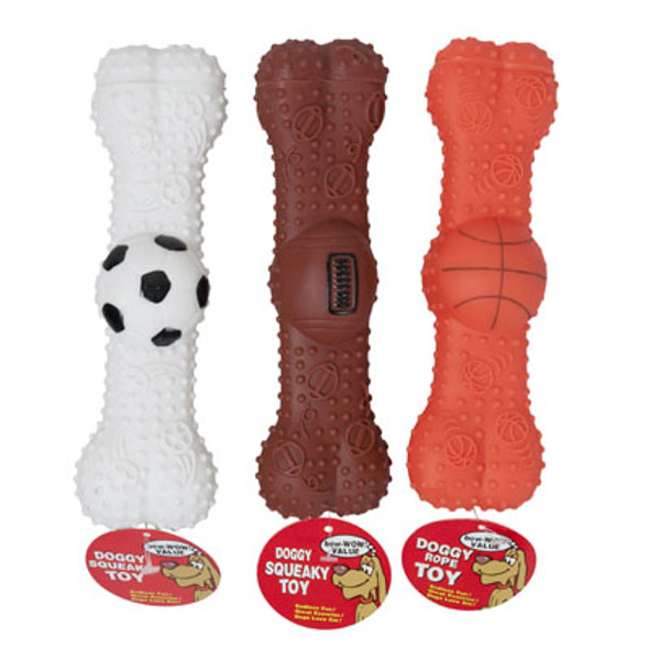 DOG TOY VINYL W/SQUEAKER 8 INCH SPORTS BONE 3 ASST IN PDQ #S10028