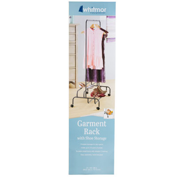 GARMENT RACK W/SHOE STORAGE LITHO BOXED 21X36X58IN REF#5644-11548-BLK GARMENT RACK W/SHOE STORAGE LITHO BOXED 21X36X58IN REF#5644-11548-BLK