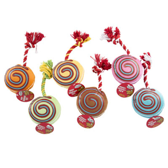 DOG TOY PLUSH W/ROPE & SQEAKER SWIRL DESIGN ASST COLORS IN PDQ#P30933