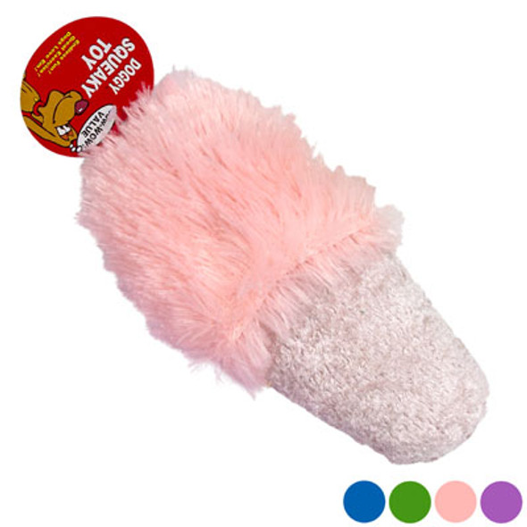 DOG TOY PLUSH 7IN SLIPPER WITH SQUEAKER 4 COLORS IN PDQ#P30932
