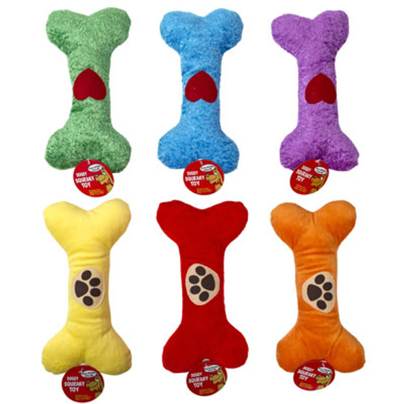 DOG TOY PLUSH 9IN BONE W/SQUKR 6 ASST COLORS 2 STYLES IN PDQ P30954+P30955