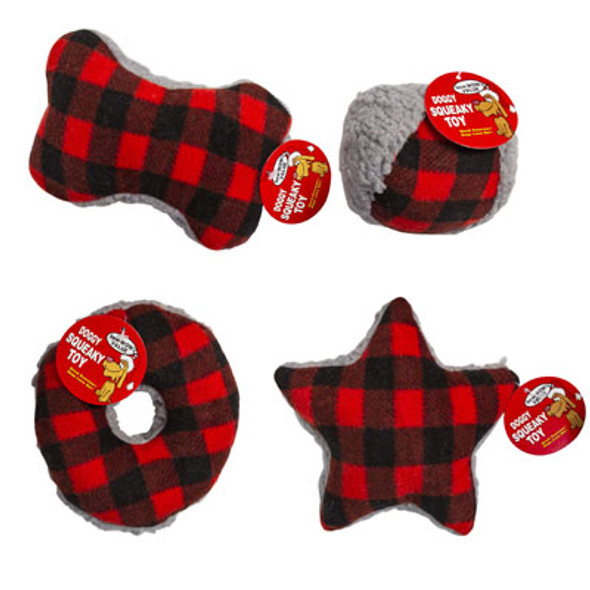 DOG TOY CHRISTMAS PLUSH PLAID BALL/STAR/DONUT/BONE IN PDQ 4 ASST #P32127