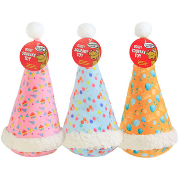 DOG TOY BIRTHDAY PLUSH HAT3 ASST DESIGNS 11 INCH IN PDQ#P32897