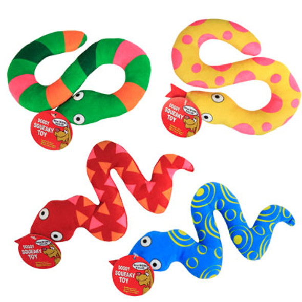 DOG TOY PLUSH SNAKE 4 ASSORTED DESIGNS HANG TAG IN PDQ#P30008