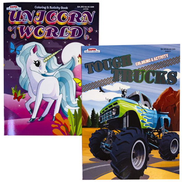 COLORING BOOKS 2 ASSORTED UNICORN AND TOUGH TRUCKSFLOOR DISPLAY