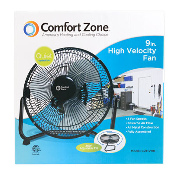 FAN 9IN COMFORT ZONE HIGH VELOCITY 3 SPEED METAL CRADLE LITHO BOXED CZHV9B FAN 9IN COMFORT ZONE HIGH VELOCITY 3 SPEED METAL CRADLE LITHO BOXED CZHV9B