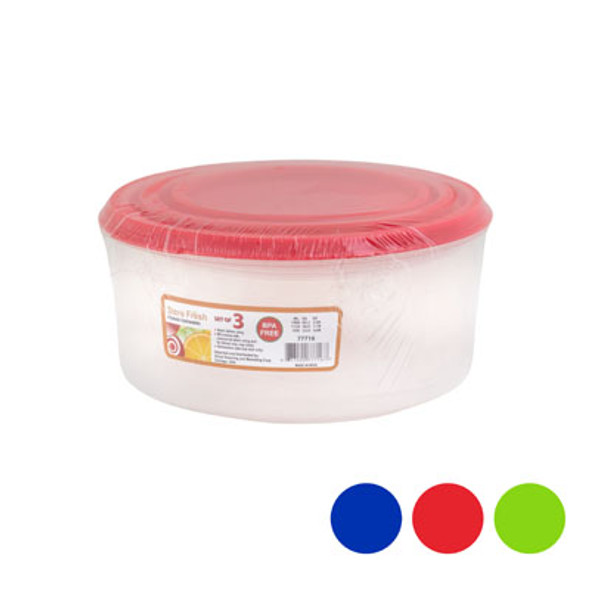 FOOD STORAGE 3PC SET ROUND 650/1125/1900 ML 3 COLOR LIDS #5646-3 FOOD STORAGE 3PC SET ROUND 650/1125/1900 ML 3 COLOR LIDS #5646-3