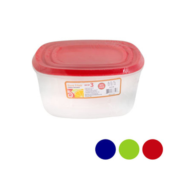 FOOD STORAGE 3PC SET SQUARE 650/1125/1900 ML 3 COLOR LIDS #5656-3 FOOD STORAGE 3PC SET SQUARE 650/1125/1900 ML 3 COLOR LIDS #5656-3