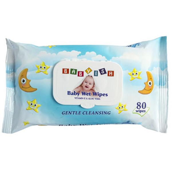BABY WIPES 80CT BLUE PLASTIC LID CLOSURE BABYISH WITH VITAMIN A & ALOE VERA