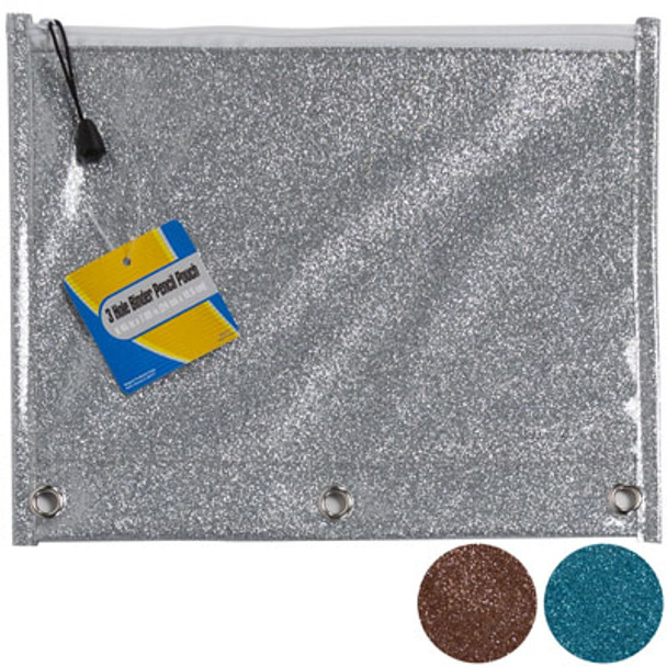 PENCIL POUCH 3 HOLE BINDERPLASTIC GLITTER 3ASST COLORS STAT HT PINK/TURQUOISE/SILVER