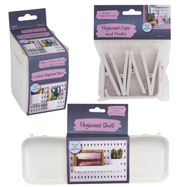 PEGBOARD ACCESSORY 3AST 2PK BIN/8PK HOOK & CLIPS/1PK SHELF WHITE SELL WITH G02750T