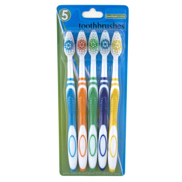 TOOTHBRUSH ADULT 5PC W/CIRCULAR MEDIUM BRISTLES 5 CLRS PER PK HBA BLISTER CARD
