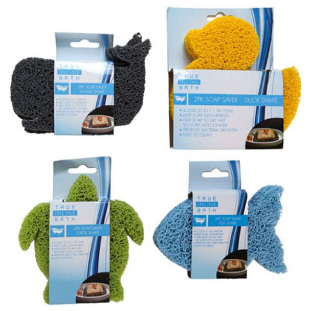 SOAP SAVER 2PK 4ASST ANIMAL SHAPES DUCK/WHALE/FISH/TURTLE PEGGABLE SLEEVE