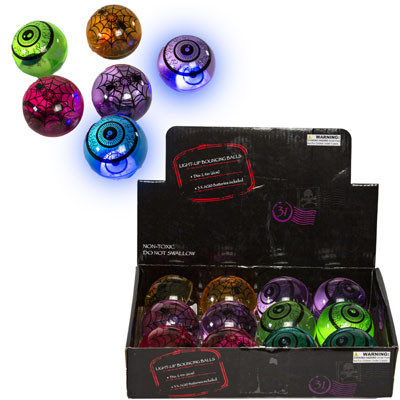 BOUNCING BALL LIGHT-UP HALLOWEEN 2AST WEB/EYEBALL IN 12PC PDQ W/GLITTER AND ICON INSIDE