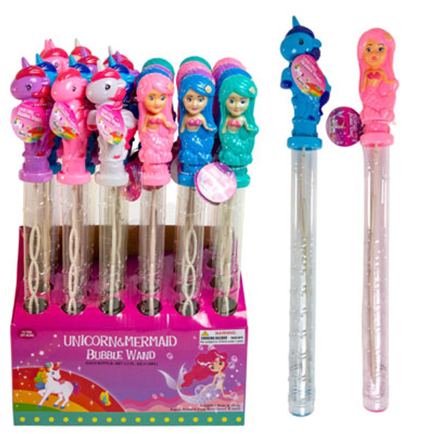 BUBBLE WAND UNICORN/MERMAID 14.75IN 3.7OZ 4CLRS EA/24PC PDQ