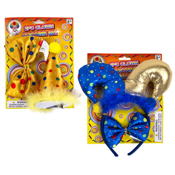 CLOWN 2PC COSTUME SET W/TIE AND CLIPON HAT OR HEADBAND 2ASTTIE ON CARD CLOWN 2PC COSTUME SET W/TIE AND CLIPON HAT OR HEADBAND 2ASTTIE ON CARD