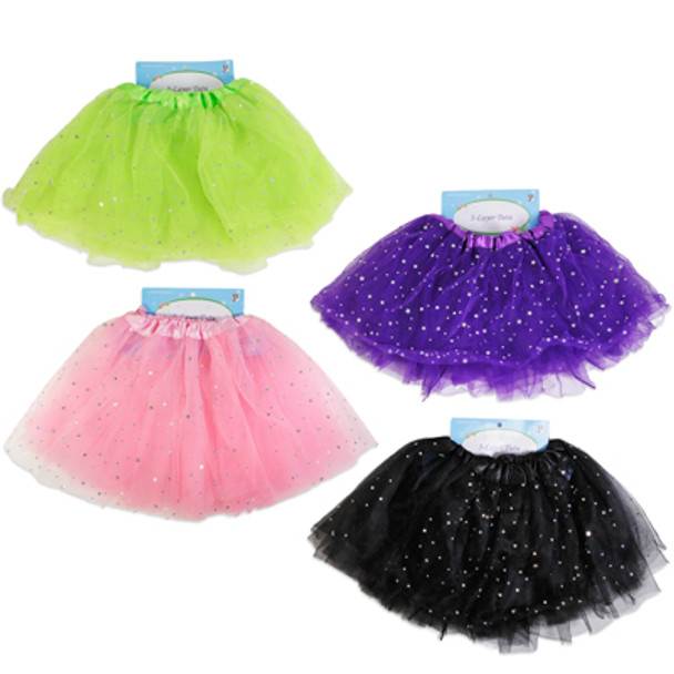 TUTU 3-LAYER TULLE W/SEQUINS STARS 4AST COLORS KIDS HDRCARD BLACK/PURPLE/PINK/GREEN