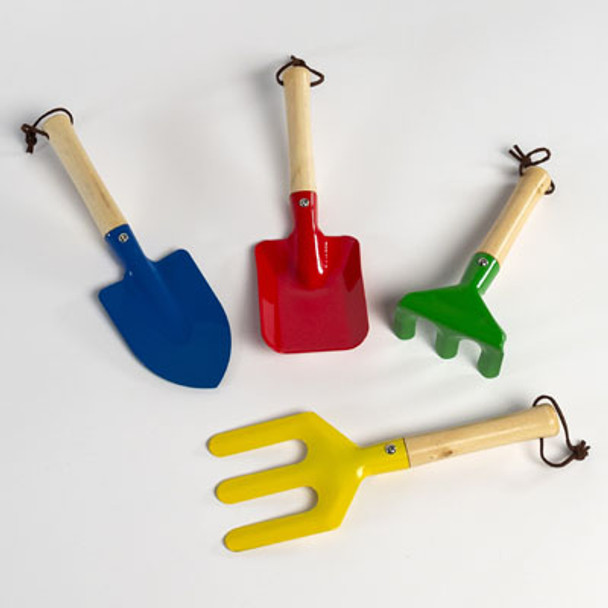 GARDEN TOOLS KIDS IRON 4ASST W/WOOD HANDLE L&G HT FORK/RAKE/SPADE/SHOVEL