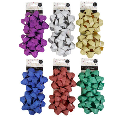 GIFT BOW 4.5IN STAR 2CT GLITTER 6ASST COLORS/PARTY BACKER CARD