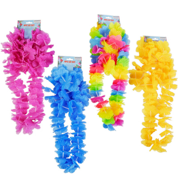 LUAU LEI 4PC SET W/2 WRISTLETS & HEADBAND 4AST COLORS BARBELL HDR1 MULTI/PURPLE/ORANGE/BLUE