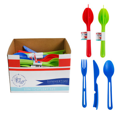 CUTLERY SET 3PC SPOON/KNIFE/FORK 3AST COLORS/36PC DISPLAY EASY PEEL SUMMER LABEL
