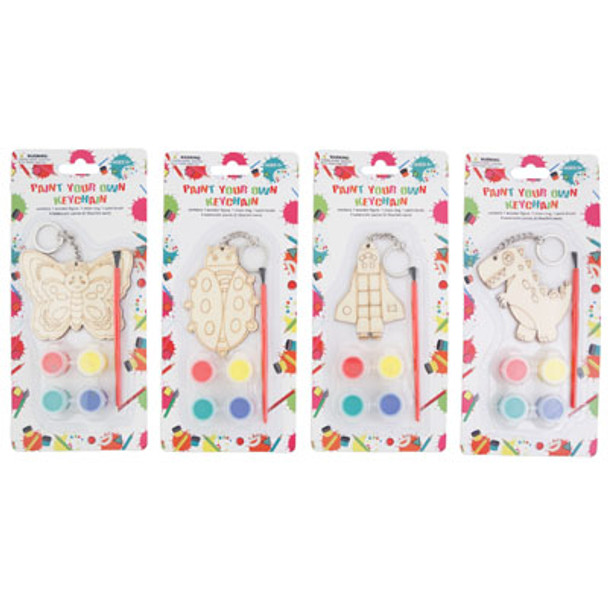 CRAFT PAINT SET WOOD FIGURE 4 PAINTS/BRUSH/CHAIN 4AST BLC AGE 5+ BUTTRFLY/BUG/ROCKET/DINO