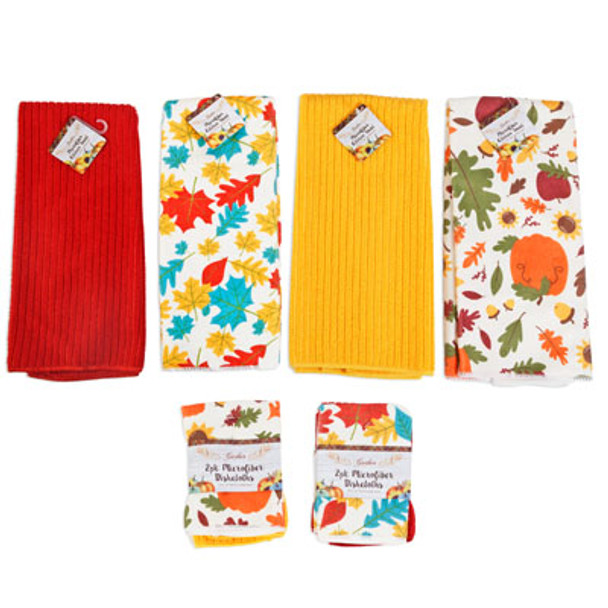 KITCHEN TEXTILES FALL MICROFIBER 2PK DISHCLOTH/1PC TOWEL 2AST PRNT 2AST SOLIDS/JHOOK & WRAP CARD