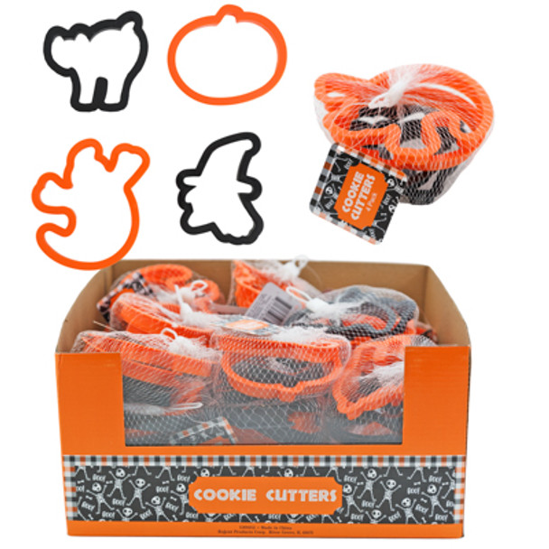 COOKIE CUTTER 4PK PLASTIC HALLOWEEN MESH BAG IN 27PC PDQ