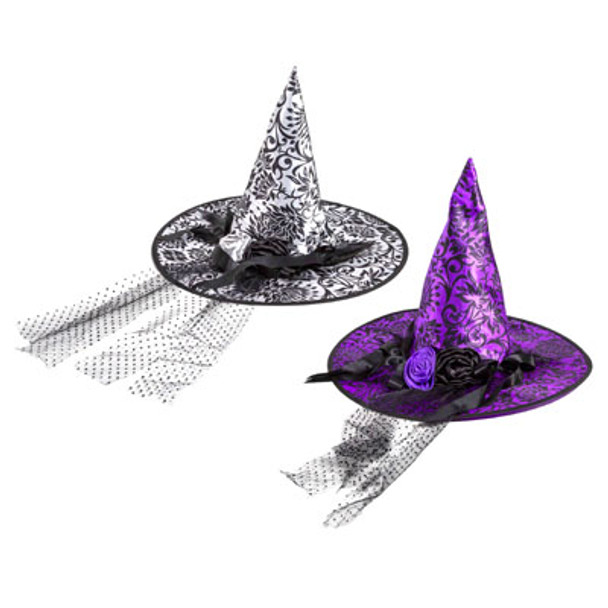 WITCH HAT ADULT 2AST SATIN PRNTD W/ROSETTES,RIBBON,TULLE HLWN HT