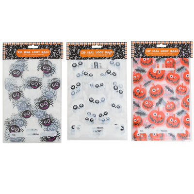 LOOT BAG ZIPPER 10CT HALLOWEEN 3AST PRINTS TO/FROM HLWN PBH 6.37 X 9.25IN