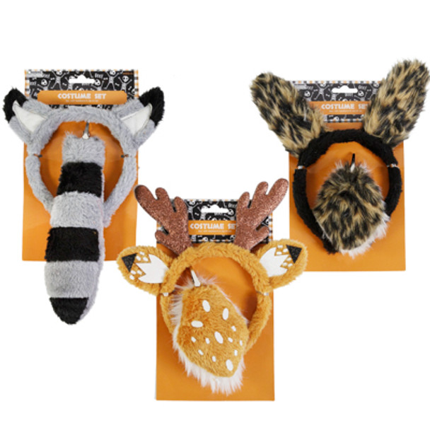 COSTUME SET 2PC 3AST STYLES PLUSH HEADBAND/CLIP ON TAIL HLWN TIE ON CARD