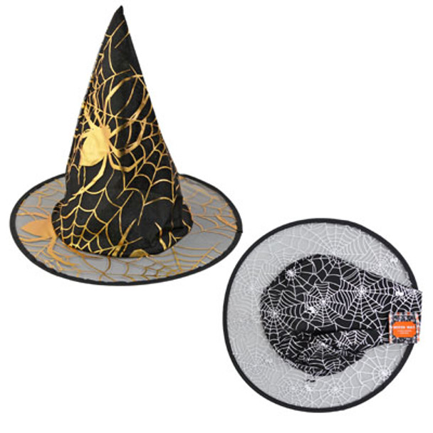 WITCH HAT KIDS 13IN 2AST WEB/SPIDER PATTERNS EA IN GOLD OR SILVER HT/JHOOK