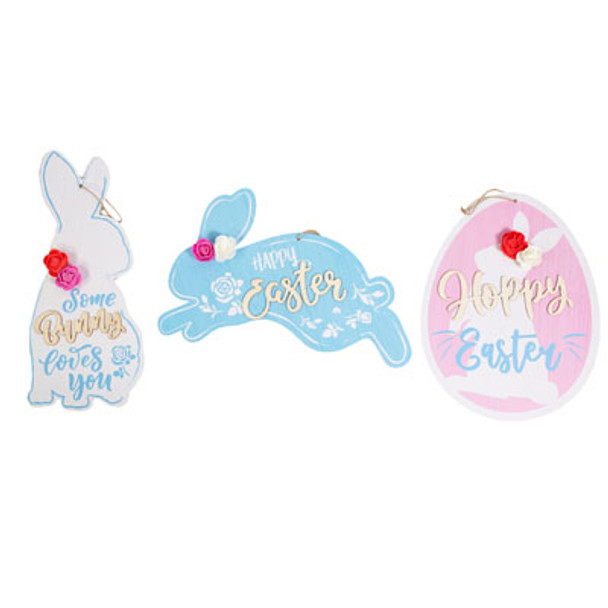 EASTER HANGING PLAQUE 3AST MDF BUNNY EMBELLISHED W/EVA FLOWERS JUTE ROPE HANGER/MDF COMPLY LBL