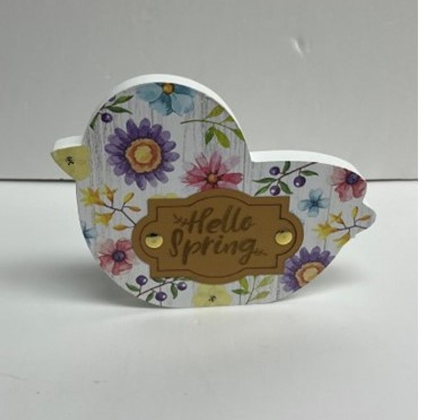TABLE DECOR EASTER MDF FLORAL PRINT 3AST EGG/CHICK/BUNNY W/FAUX LEATHER RIVETED GREETING/UPC LABEL