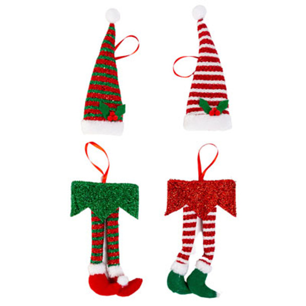 ORNAMENT ELF LEGS OR HAT 4 AST 2 CLRS EA STYLE XMAS HTLEGS 5X8.5IN/HAT 3.5X9IN