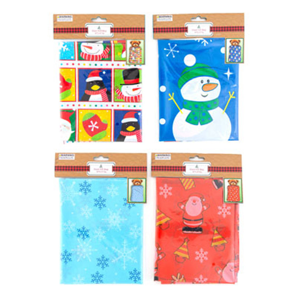 GIFT BAG GIANT 36X44IN PE PLASTIC 4AST XMAS PRINTS W/ROPE & GIFT TAG 0.04MM GAUGE PB/INSERT