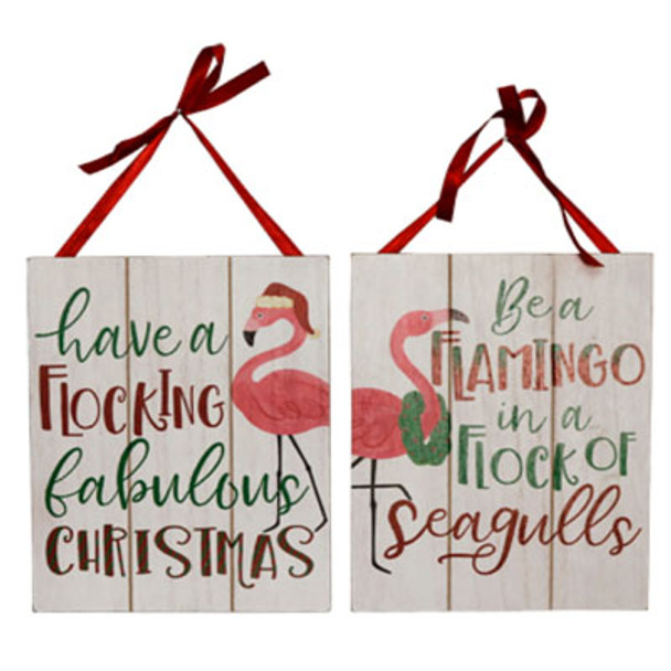 WALL SIGN FLAMINGO BEACH CHRISTMAS W/BOW WOOD 2ASST 7.88X.38X10.5 ($3.75)
