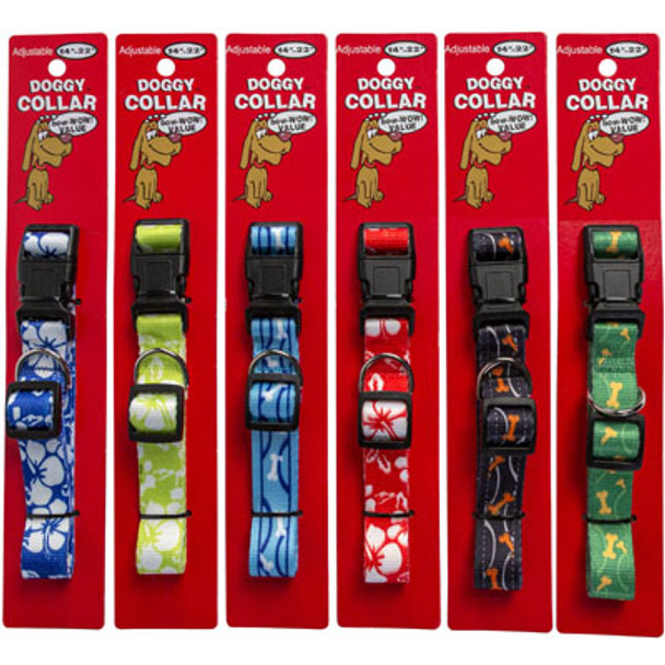 DOG COLLAR 6 ASST PATTERNS/COLORS 14-22 INCH ADJUSTABLE W/PLASTIC SNAP IN PDQ #66743P DOG COLLAR 6 ASST PATTERNS/COLORS 14-22 INCH ADJUSTABLE W/PLASTIC SNAP IN PDQ #66743P