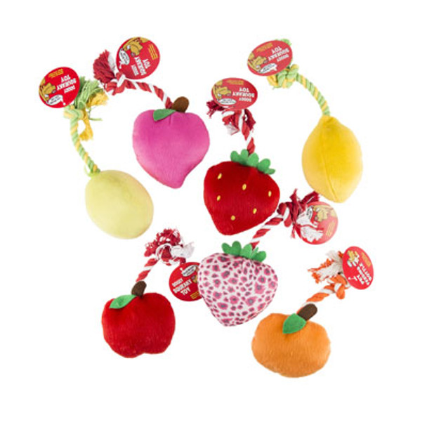 DOG TOY PLUSH W/ROPE & SQUEAKER FRUIT SHAPES IN PDQ #P30937
