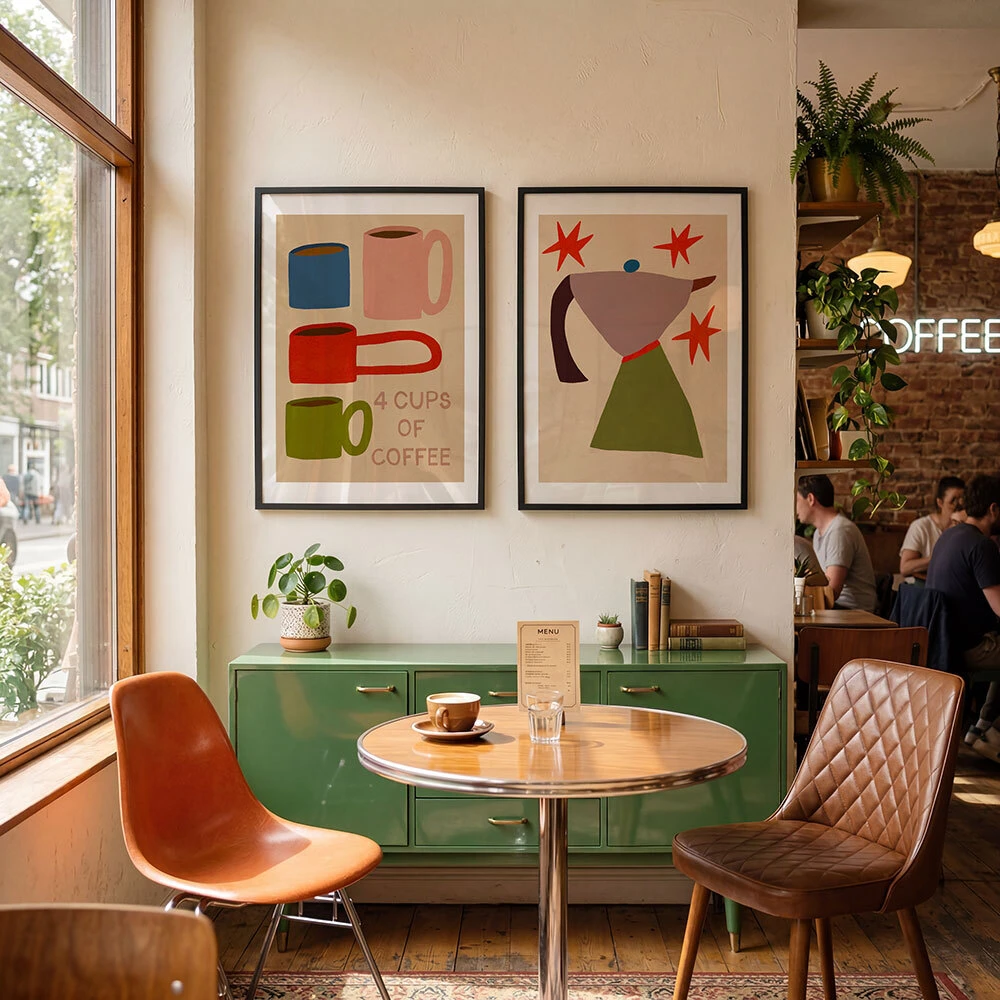 Art prints in a restaurant interior