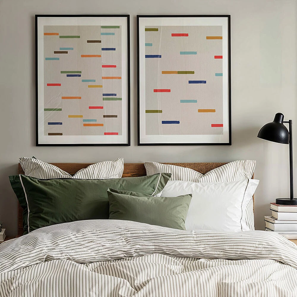 Art prints in a hotel bedroom