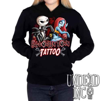 Jack and Sally Halloween Town Tattoo - Ladies / Juniors Fleece Hoodie