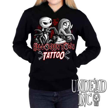 Jack and Sally Halloween Town Tattoo Black & Grey - Ladies / Juniors Fleece Hoodie